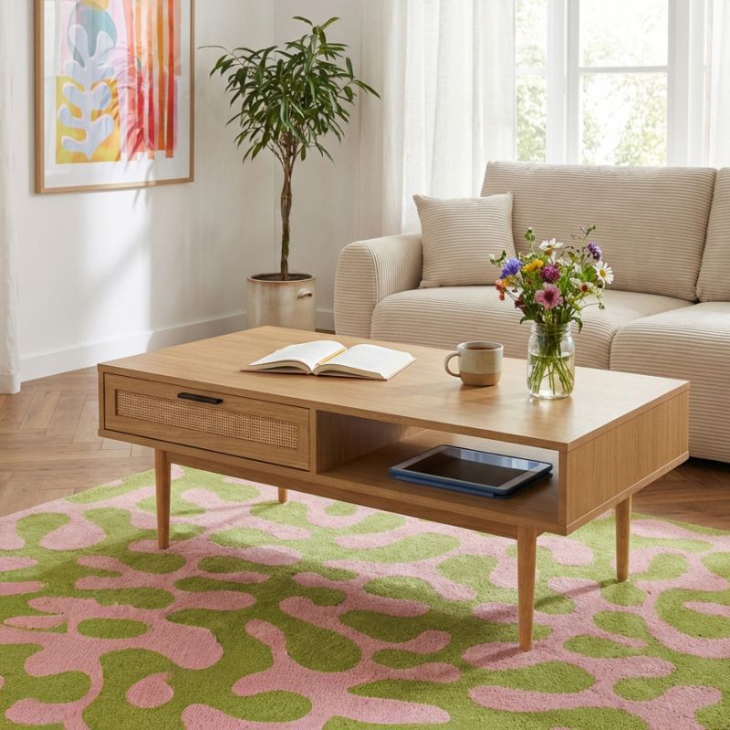 Table basse AMANA effet chêne et cannage rotin