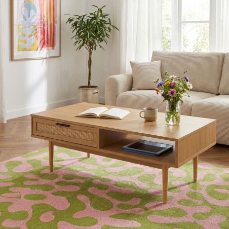 Table basse AMANA effet chêne et cannage rotin