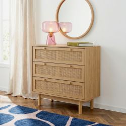 Commode HELENA 3 tiroirs effet chêne et cannage rotin 78cm