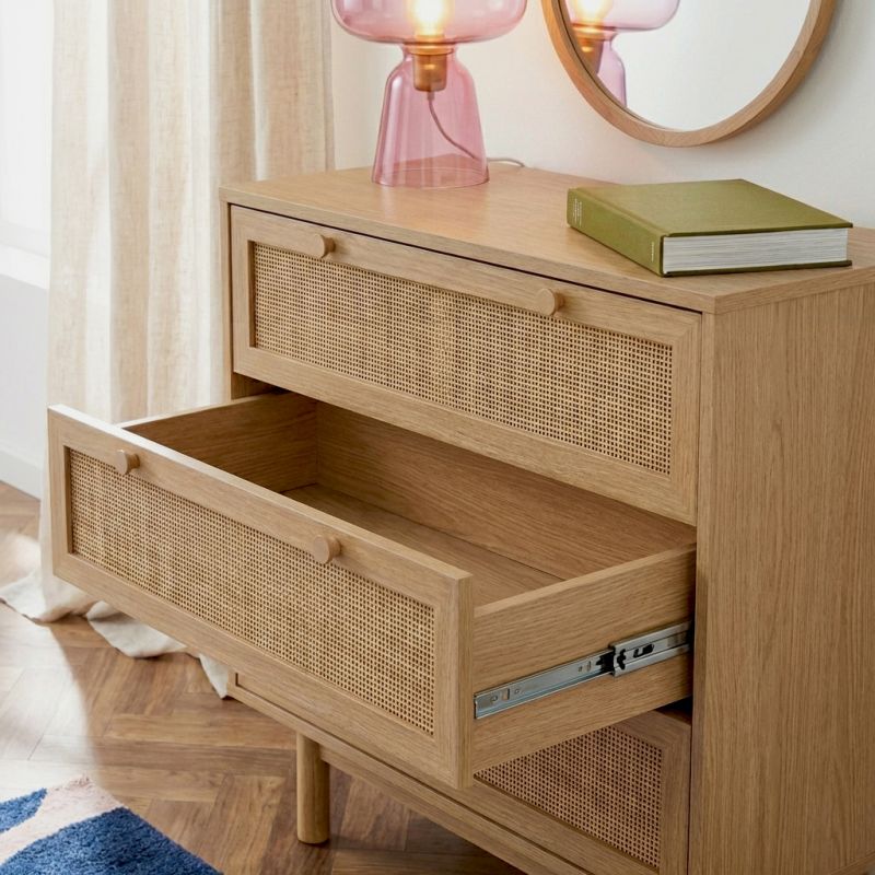 Commode HELENA 3 tiroirs effet chêne et cannage rotin 78cm