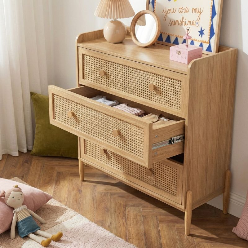 Commode enfant PABLO 3 tiroirs cannage rotin et effet bois 80cm