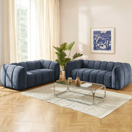 Ensemble canapés droits fixes 3+2 MATILDA tissu chenille bleu