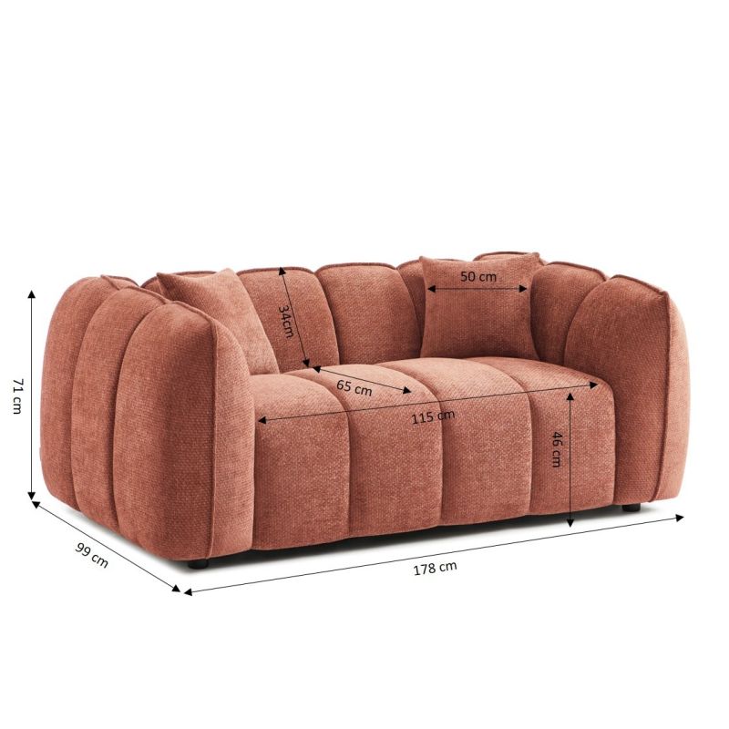 Canapé droit MATILDA 2 places tissu chenille rouge brique