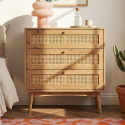 Commode INES effet chêne et cannage rotin 3 tiroirs