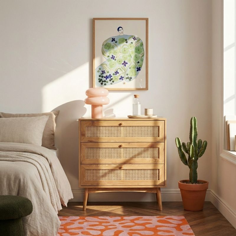 Commode INES effet chêne et cannage rotin 3 tiroirs