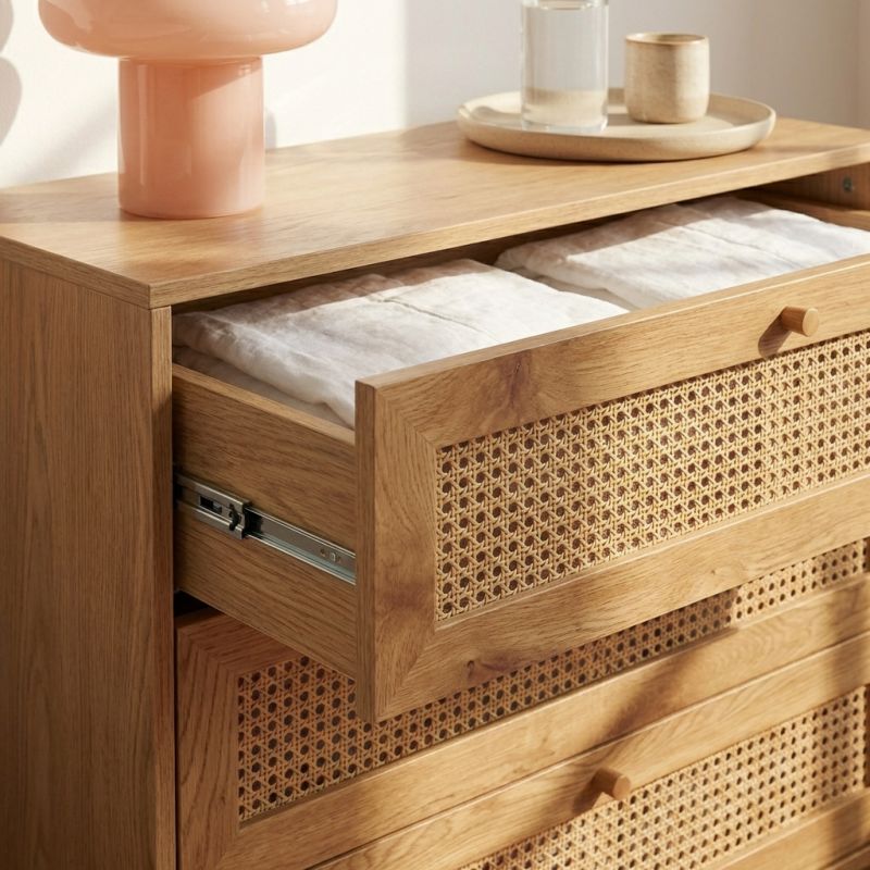 Commode INES effet chêne et cannage rotin 3 tiroirs