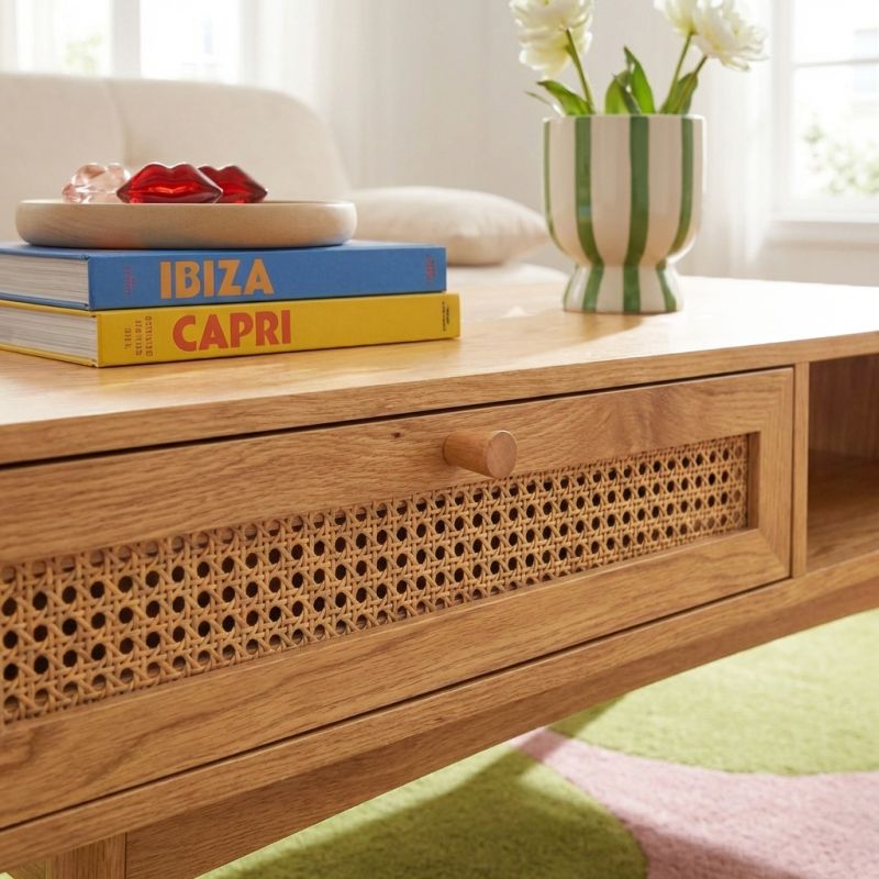 Table basse INES effet chêne et cannage rotin