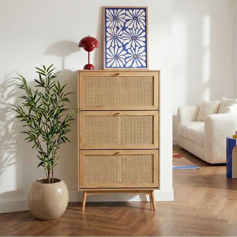 Meuble à chaussures INESeffet chêne et cannage rotin