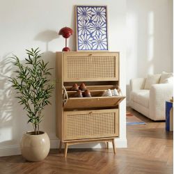 Meuble à chaussures INESeffet chêne et cannage rotin