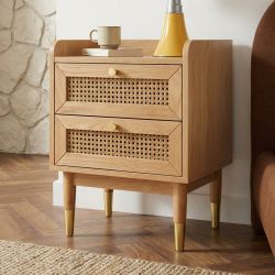 Table de chevet LEON placage chêne et cannage rotin