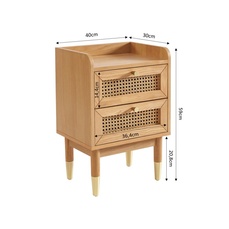 Table de chevet LEON placage chêne et cannage rotin