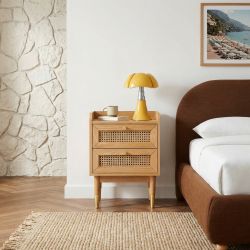 Table de chevet LEON placage chêne et cannage rotin
