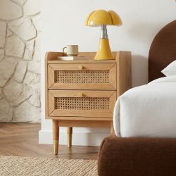 Table de chevet LEON placage chêne et cannage rotin