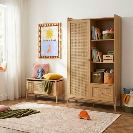 Armoire enfant PABLO effet bois et cannage rotin 1 porte et 1 tiroir