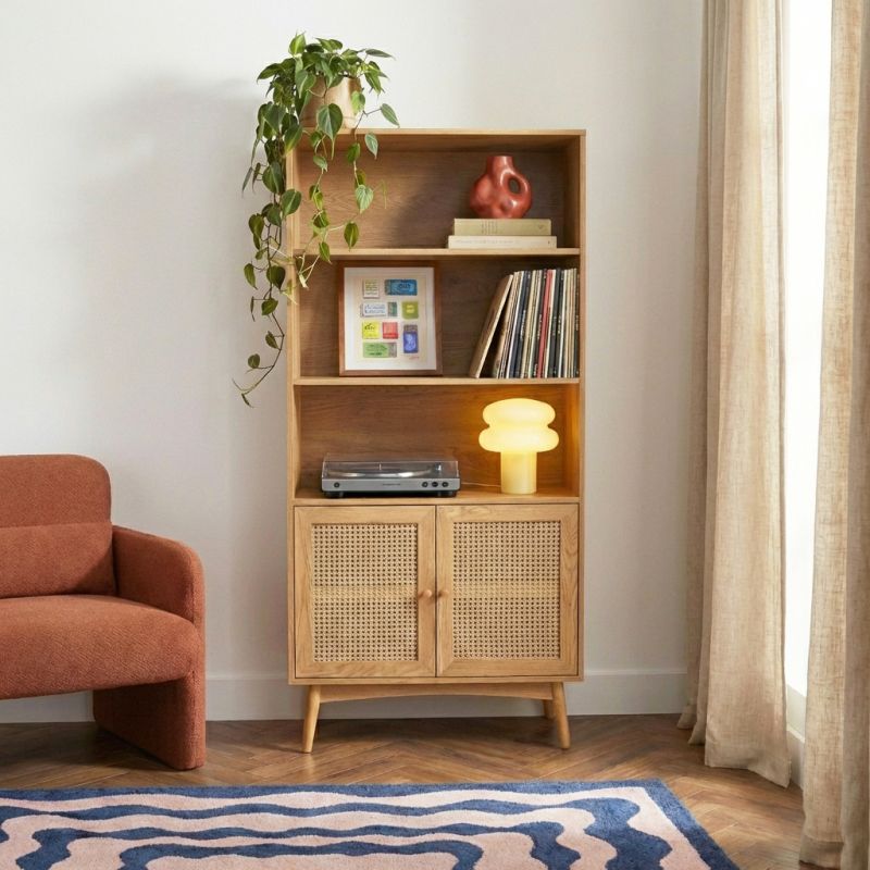 Bibliothèque INES effet chêne et cannage rotin 80cm