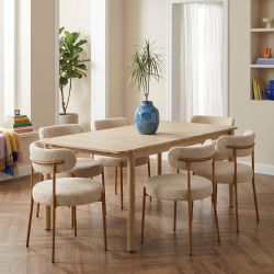 Ensemble repas table SAMOA 180 cm et lot de 6 chaises NOA tissu bouclette beige