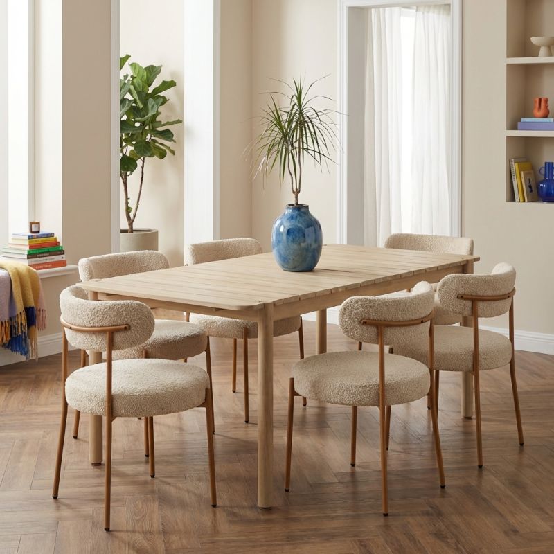 Ensemble repas table SAMOA 180 cm et lot de 6 chaises NOA tissu bouclette beige