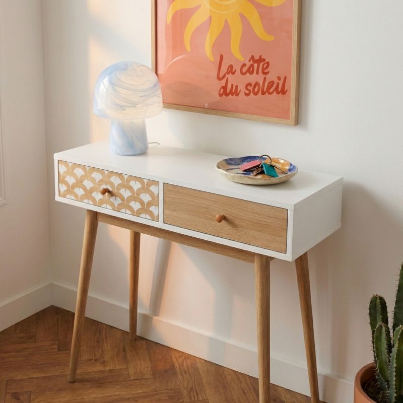 Console UTAHblanc et effet chêne 2 tiroirs 80cm