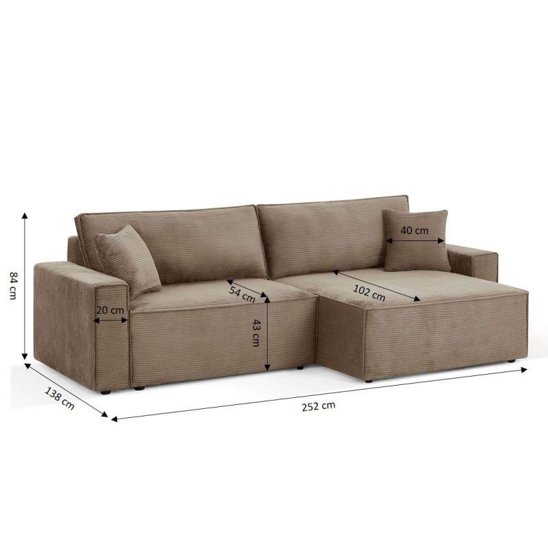 Canapé d'angle convertible et réversible ZOLA 4 places velours côtelé taupe