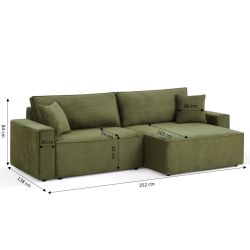 Canapé d'angle convertible et réversible ZOLA 4 places velours côtelé vert
