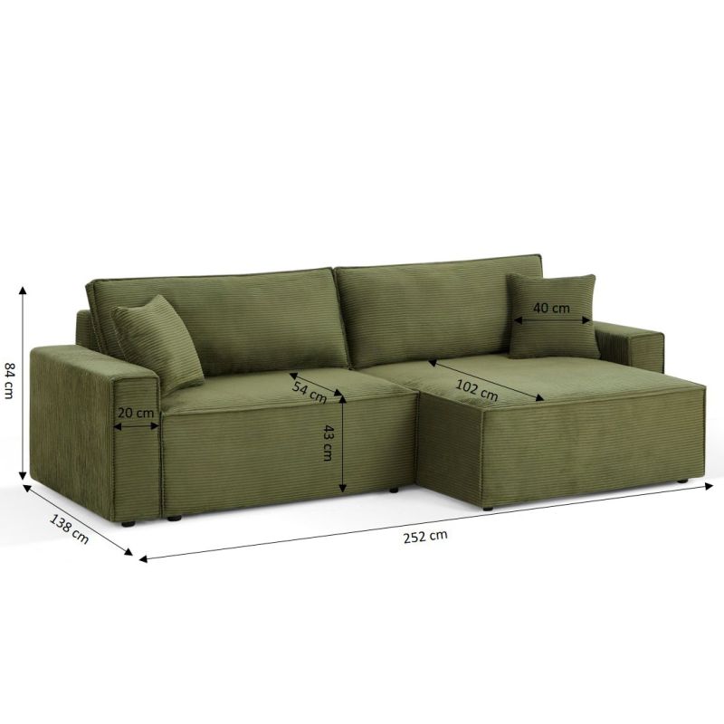 Canapé d'angle convertible et réversible ZOLA 4 places velours côtelé vert
