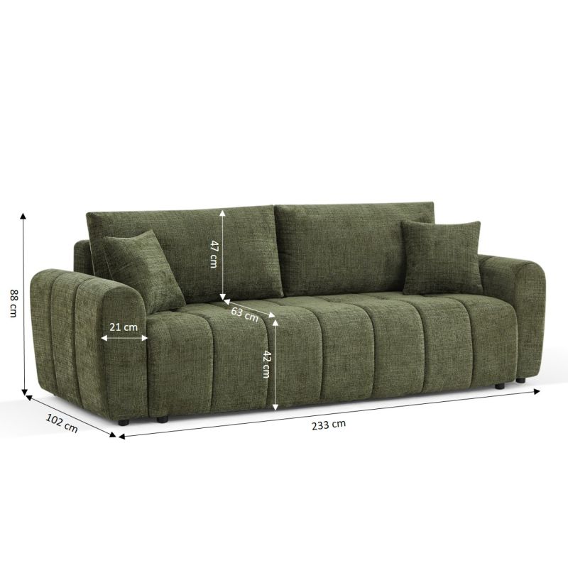 Canapé droit convertible JONEA 3 places tissu texturé vert