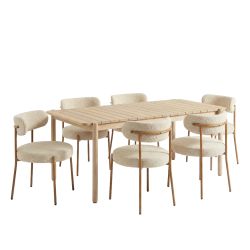 Ensemble repas table SAMOA 180 cm et lot de 6 chaises NOA tissu bouclette beige