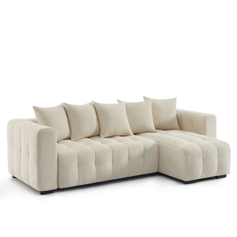 Canapé d'angle convertible et réversible LEVIA 4 places tissu beige