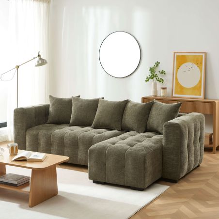 Canapé d'angle convertible et réversible LEVIA 4 places tissu vert