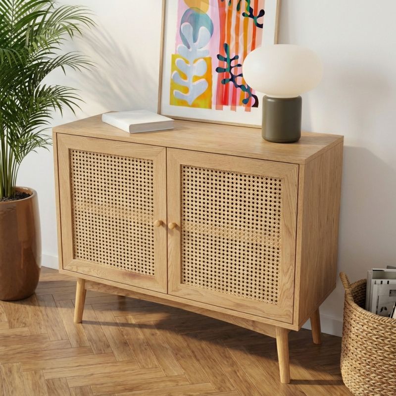 Buffet INES effet chêne et cannage rotin 90cm