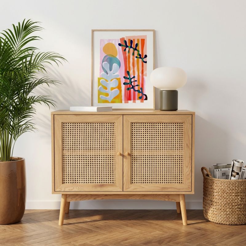 Buffet INES effet chêne et cannage rotin 90cm