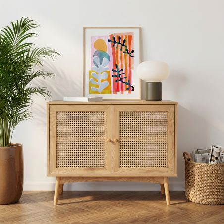 Buffet INES effet chêne et cannage rotin 90cm