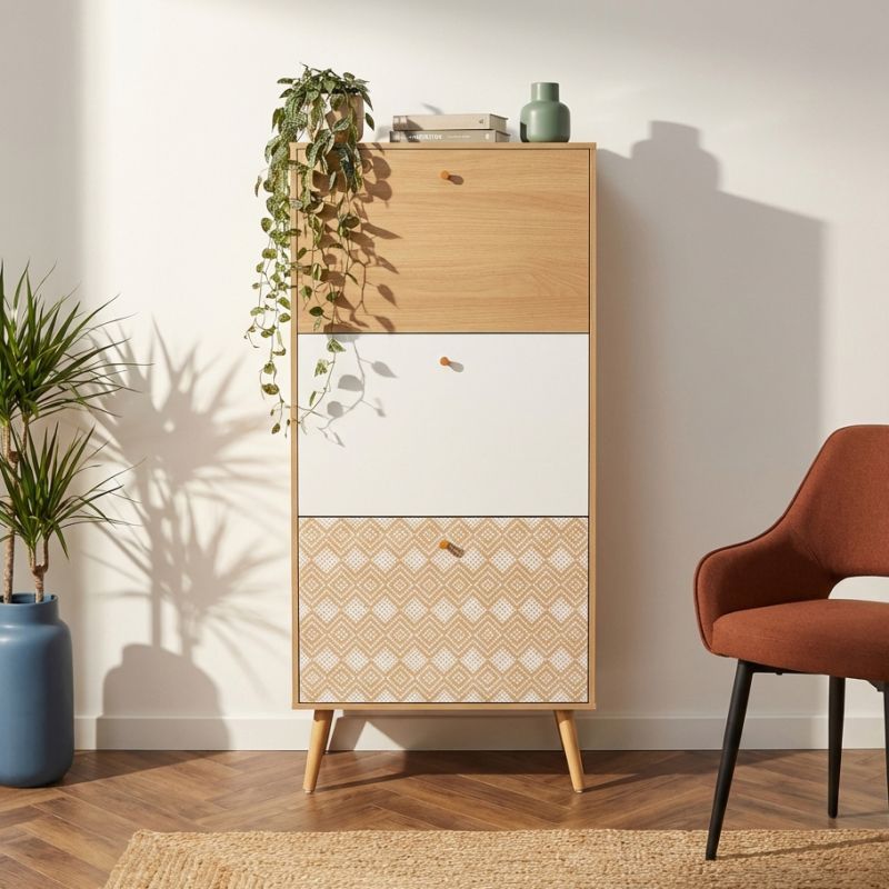 Meuble à chaussures LEIKA motifs et effet chêne 3 portes