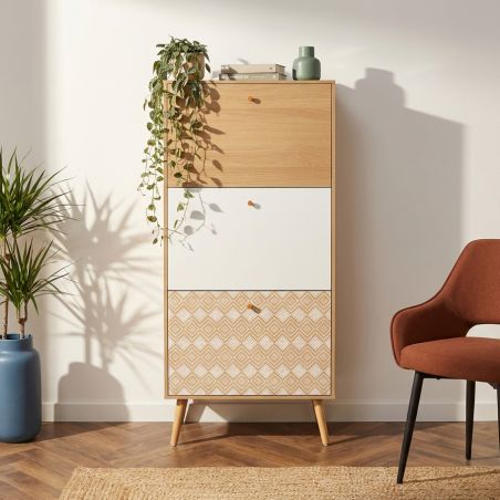 Meuble à chaussures LEIKA motifs et effet chêne 3 portes