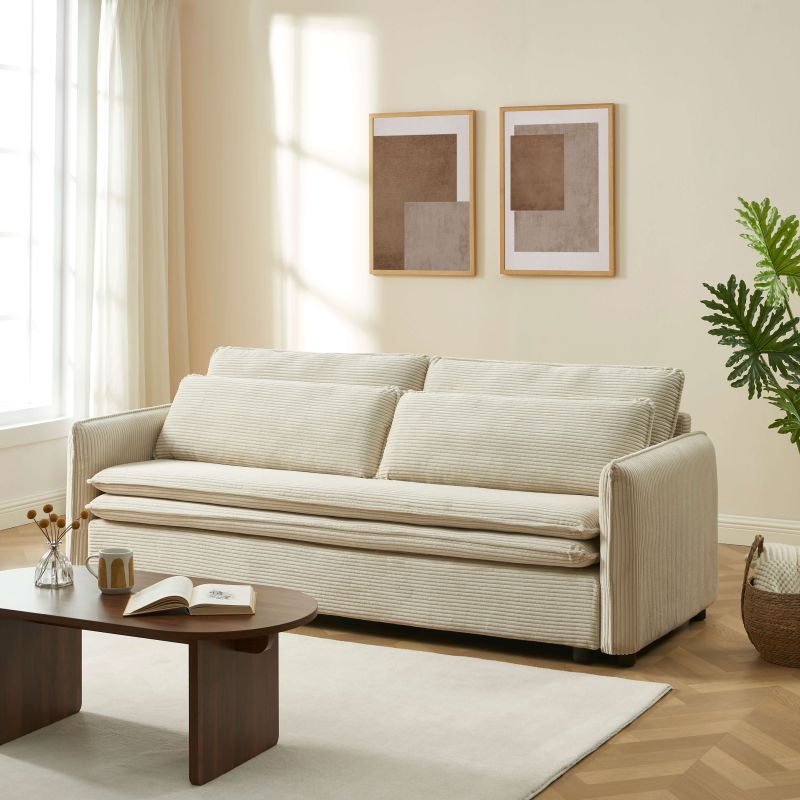 Canapé droit convertible CIBOLA 3 places velours côtelé beige