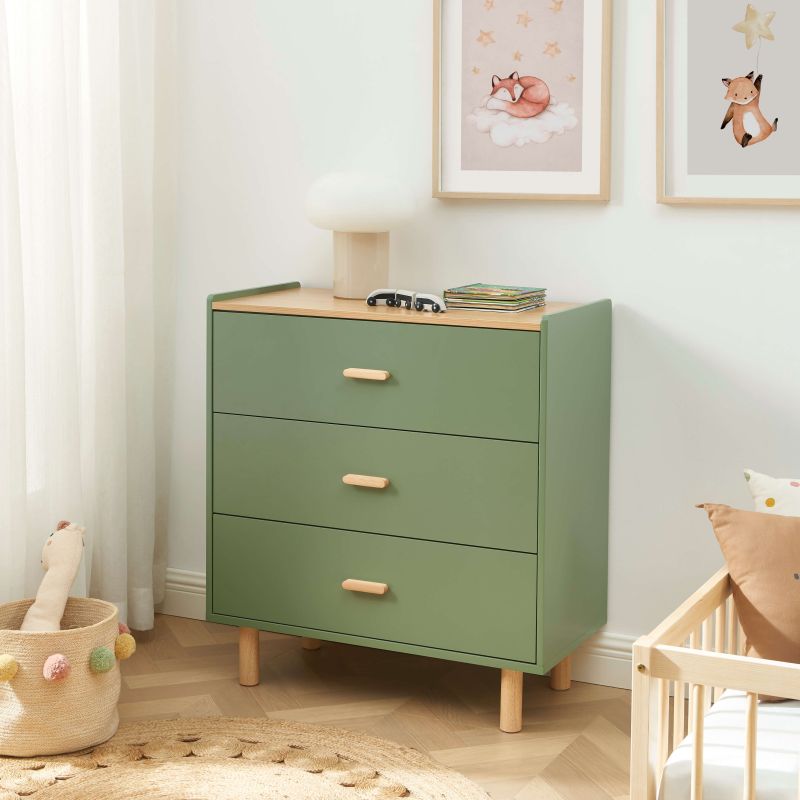 Commode enfant AURA 3 tiroirs vert et effet chêne 80 cm