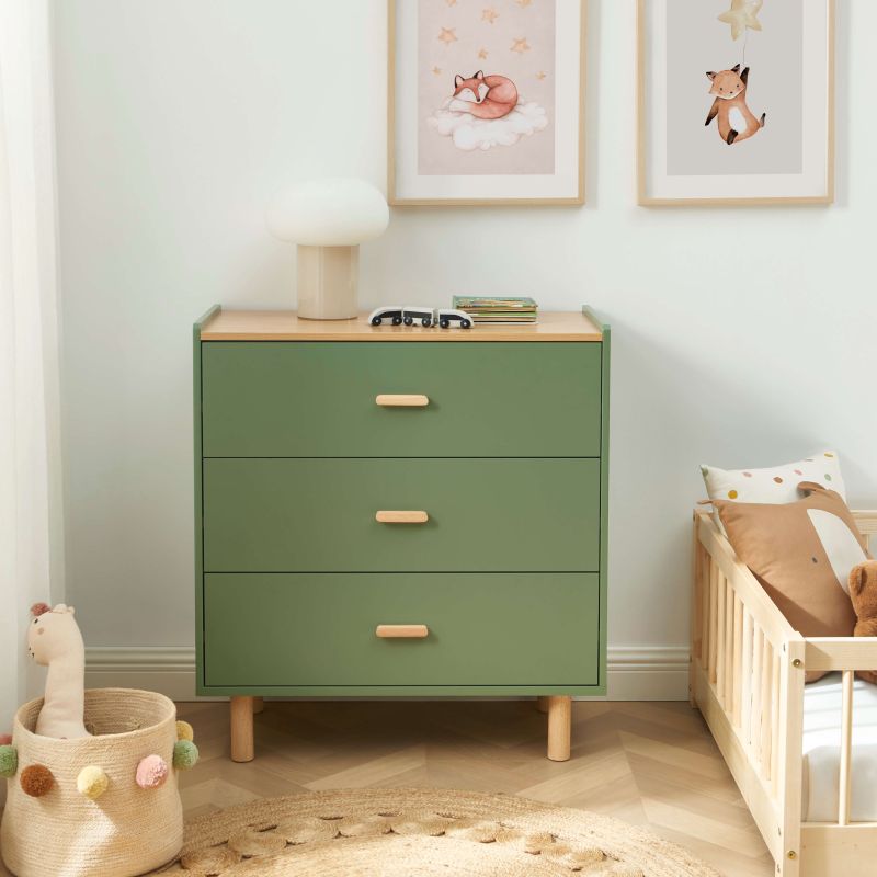 Commode enfant AURA 3 tiroirs vert et effet chêne 80 cm