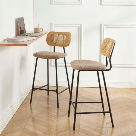 Lot de 2 tabourets TINA tissu bouclette taupe et cannage rotin