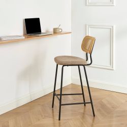 Lot de 2 tabourets TINA tissu bouclette taupe et cannage rotin