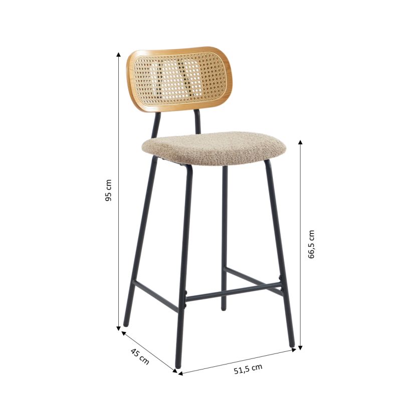 Lot de 2 tabourets TINA tissu bouclette taupe et cannage rotin