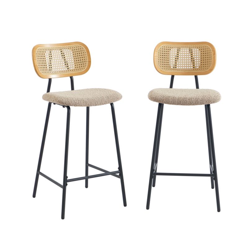 Lot de 2 tabourets TINA tissu bouclette taupe et cannage rotin