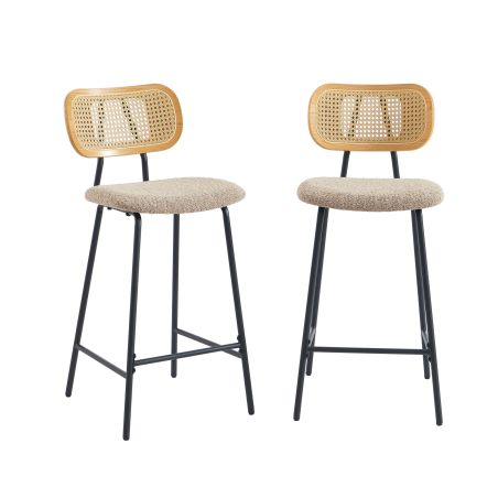Lot de 2 tabourets TINA tissu bouclette taupe et cannage rotin