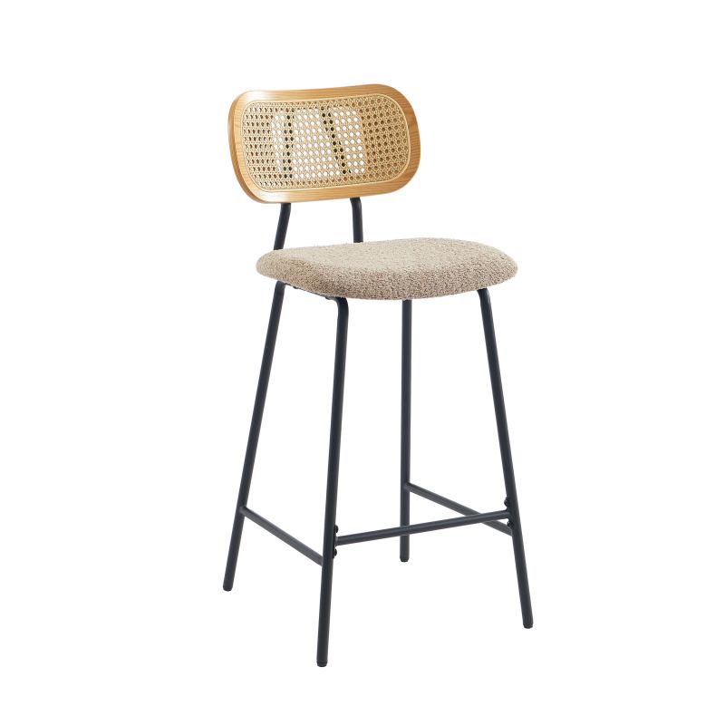 Lot de 2 tabourets TINA tissu bouclette taupe et cannage rotin