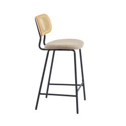 Lot de 2 tabourets TINA tissu bouclette taupe et cannage rotin