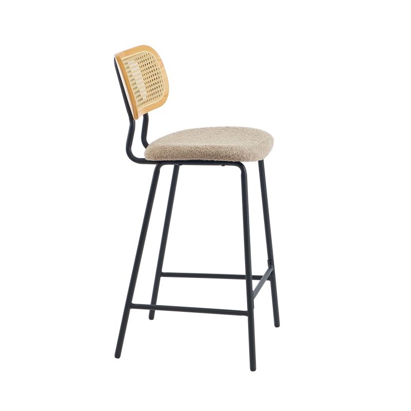 Lot de 2 tabourets TINA tissu bouclette taupe et cannage rotin