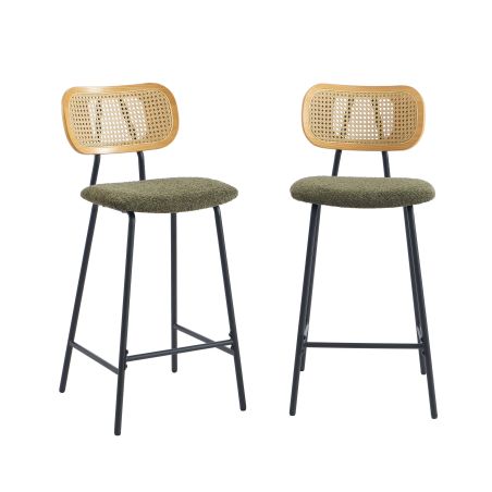 Lot de 2 tabourets TINA tissu bouclette vert et cannage rotin