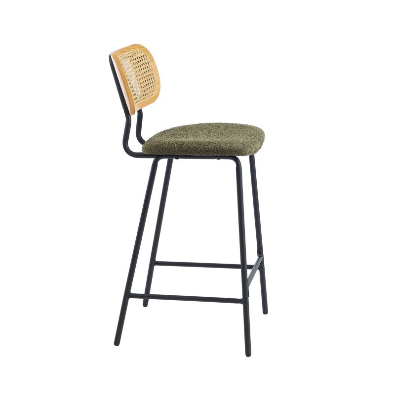 Lot de 2 tabourets TINA tissu bouclette vert et cannage rotin