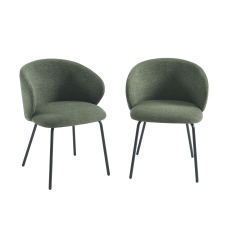 Lot de 2 chaises CASSIE tissu chenille vert et pieds métal noir