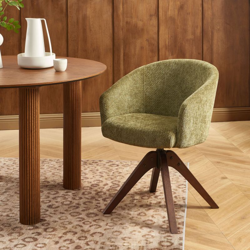 Fauteuil de table PAOLA tissu chenille vert pied chêne massif