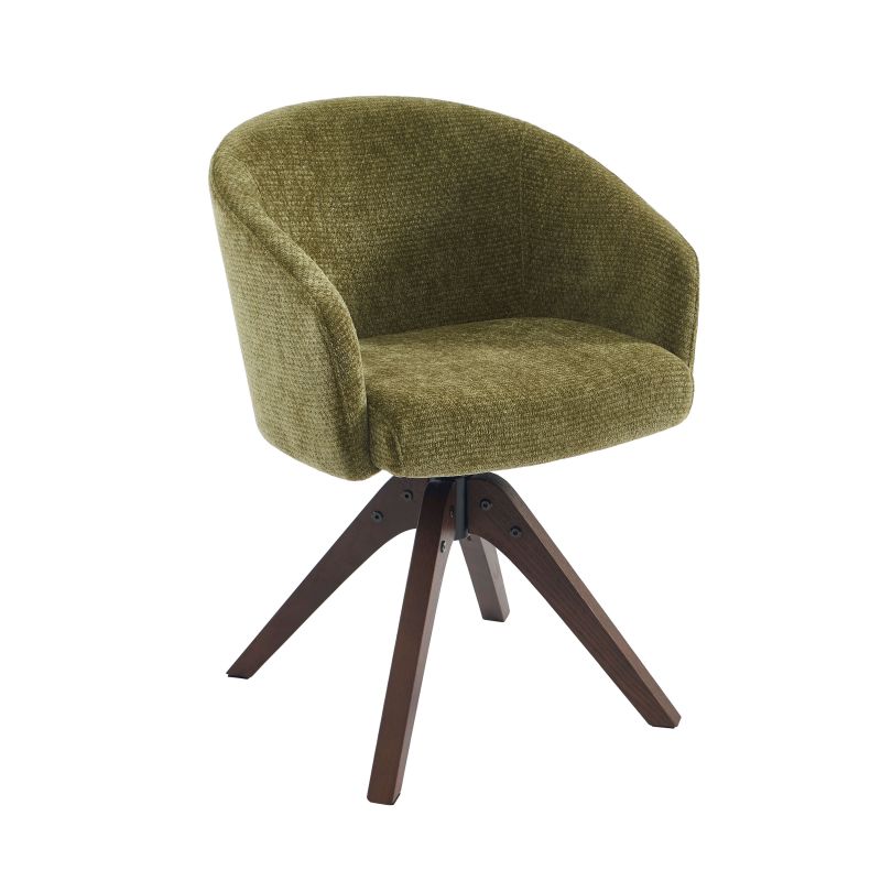 Fauteuil de table PAOLA tissu chenille vert pied chêne massif